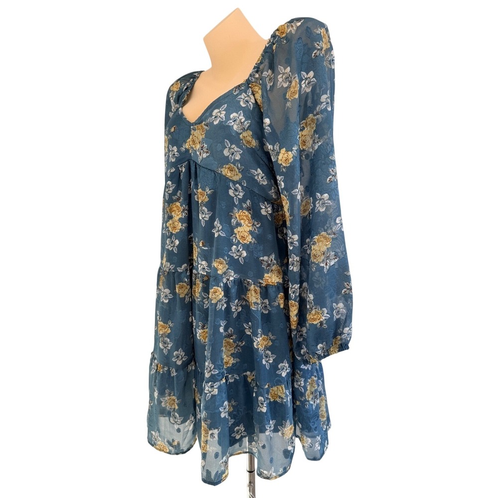 Baltic Born Lombard Tiered Dress Blue Gold Floral Cottagecore Boho Mini Medium - Picture 7 of 15